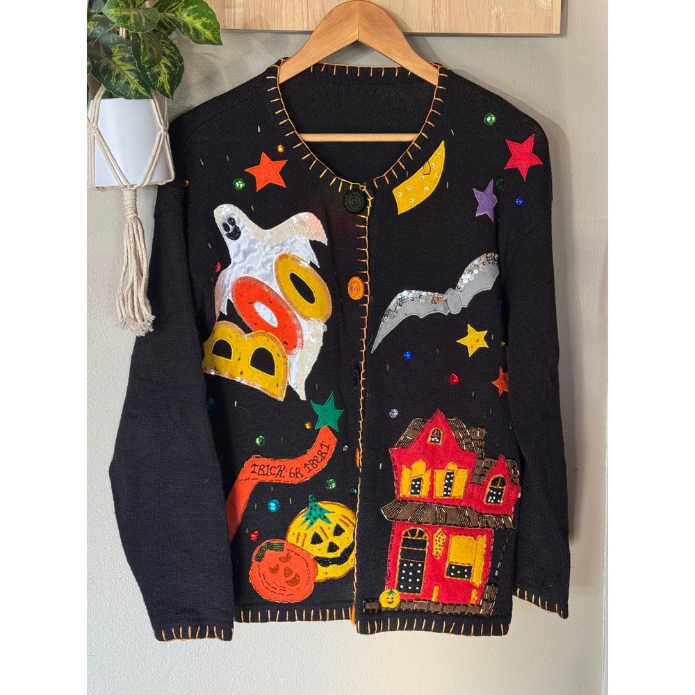 Vintage Halloween Cardigan Beaded Sequin Ghost Haunted House Black Sweater L